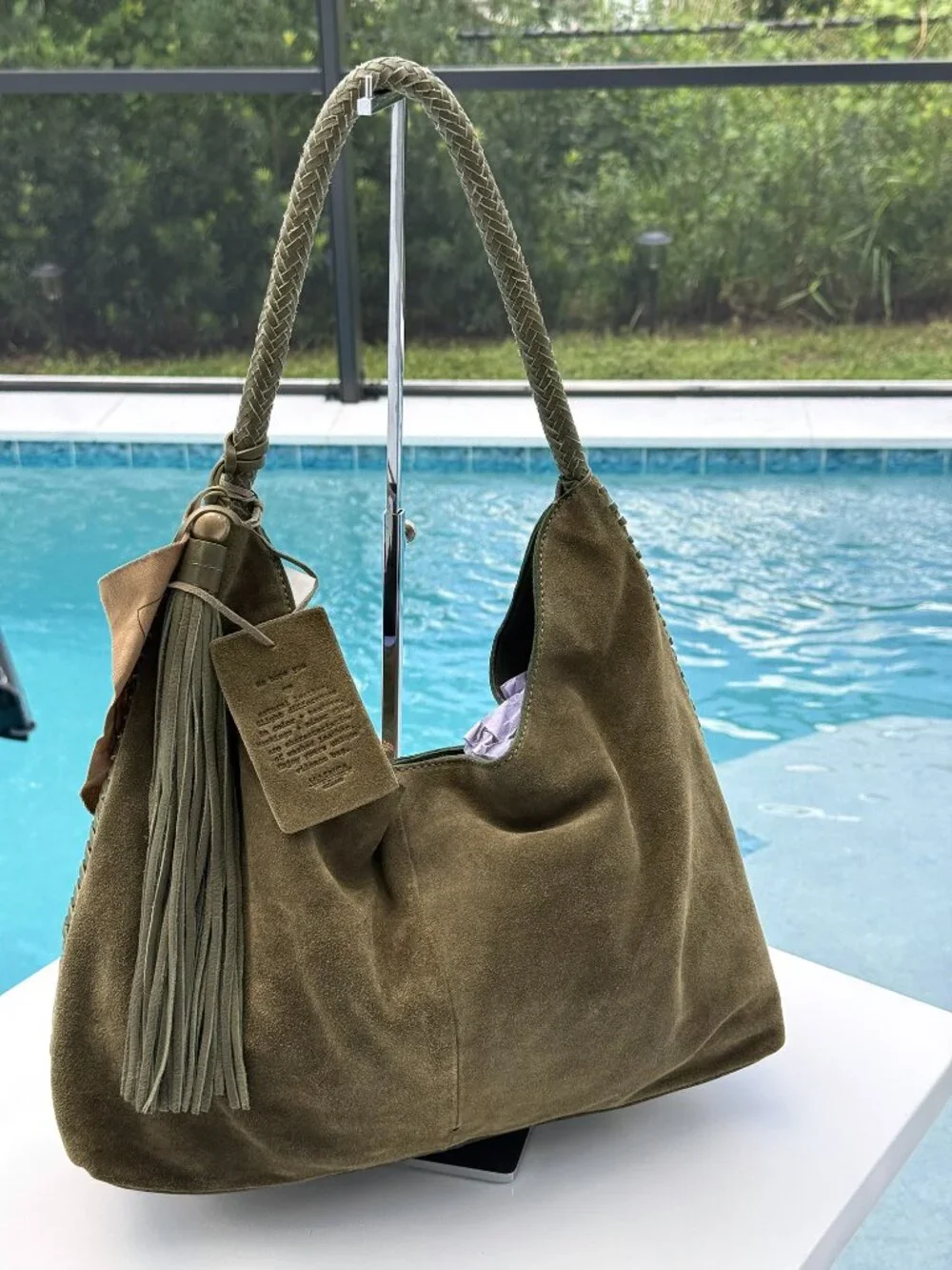 Vilenca Holland Suede Slouchy Hobo Shoulder Bag Green Boho Whipstitch Tassel NWT